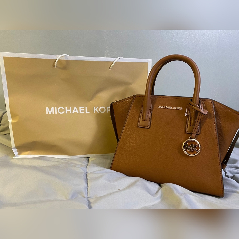 Michael Kors Avril Small Leather Top Zip Satchel Crossbody Luggage Leather